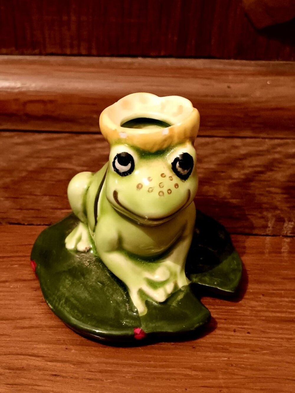Ceramic frog candle/toothpick holder or mini vase, Japan, MCM ~ 2"h